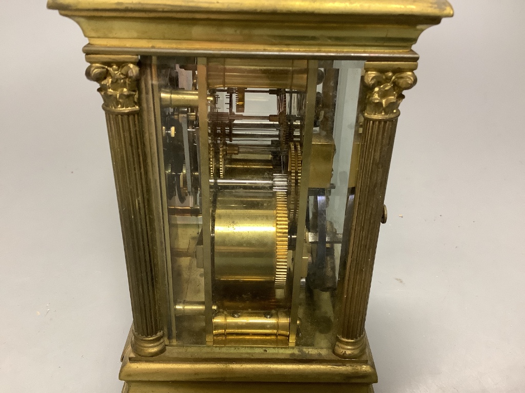 A large French gilt brass repeating carriage clock, signed EM and co. 16cm